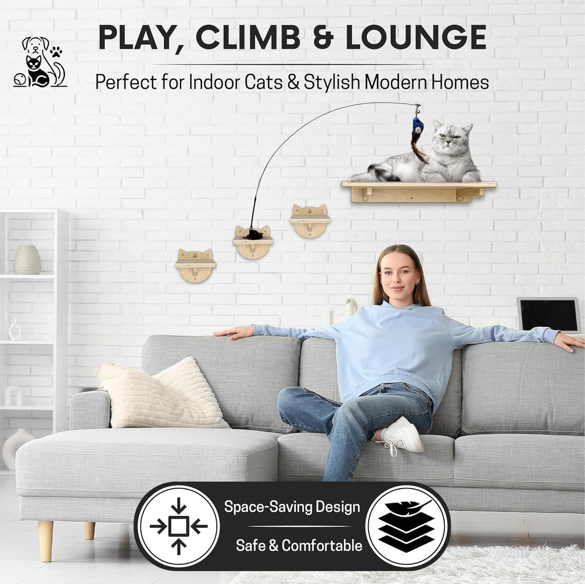 Snuggle & Play Cat Wall Shelves with Suction Cup Wand – 3 Mounted Steps, Climbing Wall Shelves and Furniture with Cat Wand