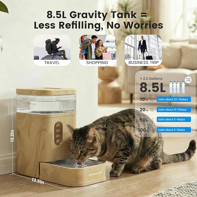 Gardner Pet 2.2 Gallon Automatic Dog Water Bowl Dispenser 8.5L Gravity Water Feeder with Stainless Steel Bowl & Maifan Stone Filter, BPA-Free for for Cats and Dogs (Brown, 2.2 Gallon)