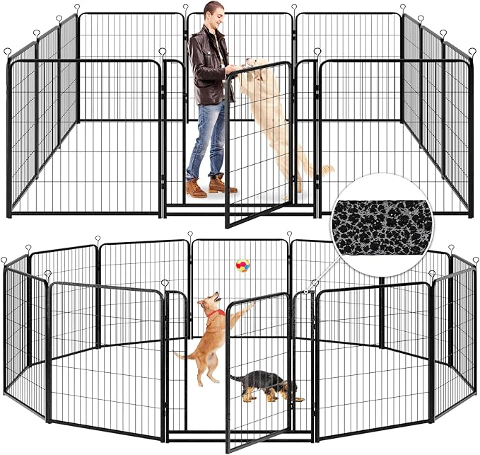 Dog Playpen Outdoor Extra Wide 12 Piece Panels Heavy Duty Anti-Rust Coating-Strengthened Dog Fence 40" Height with Doors Portable for RV Camping Yard, Total 32FT, 79 Sq.ft, Snowy Black