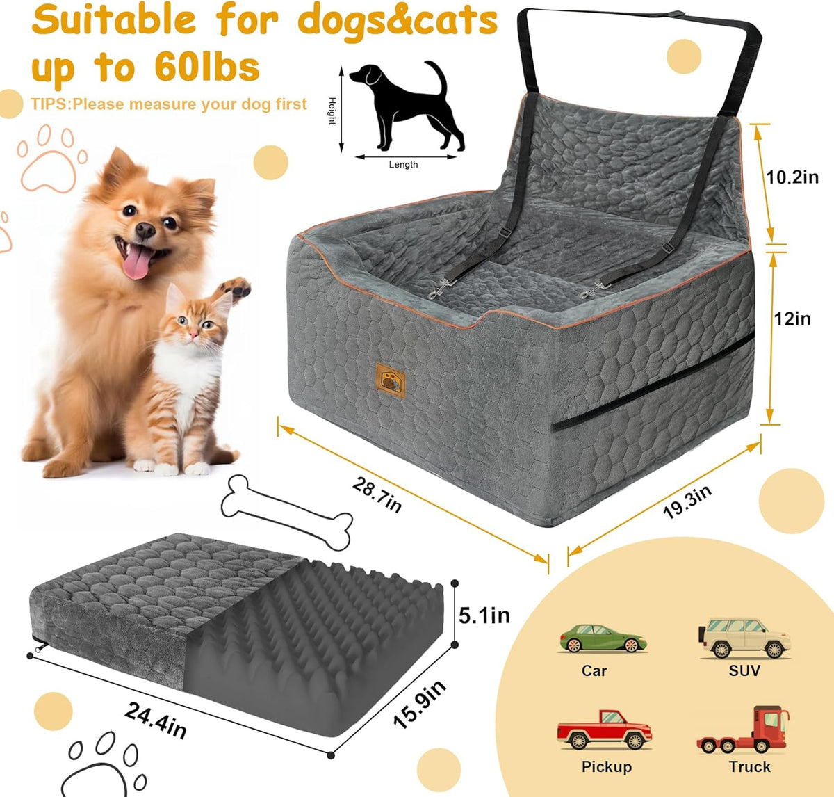 Dog Car Seat for Medium/Large Dog Booster Seat Under 60 lbs or 2 Small Dogs, Multi-Functional Pet Car Seat with Thick Cushion, 2 Safety Leashes (Gray)