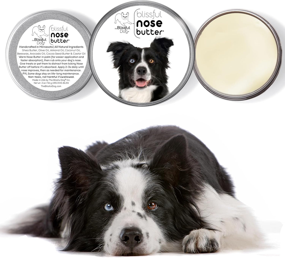 The Blissful Dog Border Collie Nose Butter for Dry, Cracked Skin, Lick-Safe Dog Nose Balm with Moisturizing Shea Butter, Almond, Olive, and Essential Oils, Pet Supplies, Uncented, 1 oz.