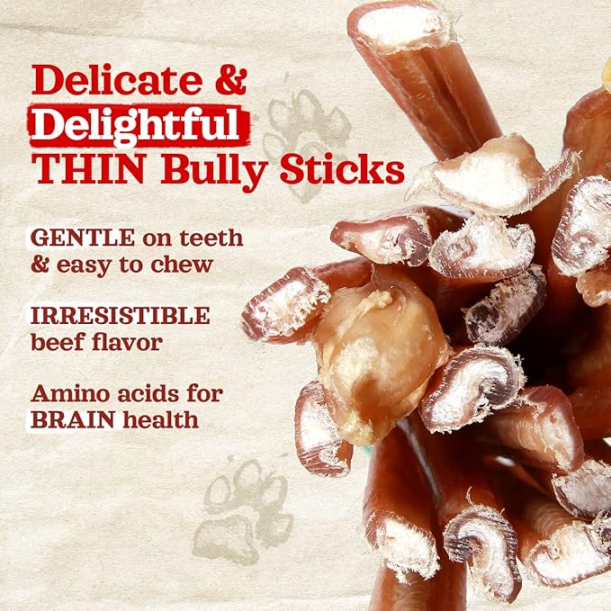 Natural Farm Odor-Free Thin Bully Sticks (4”, 24-Pack) All-Natural Long-Lasting Dog Chews, 100% Beef Pizzle, Grass-Fed, Grain-Free, Protein for Muscle Development & Energy, Perfect for Small Dogs