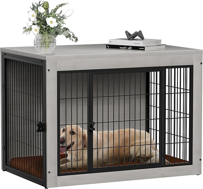 Bigrab Dog Crate Furinture with Thick Cushion, Side End Table Wooden Dog Cage with Double Doors, Chew-Resistant Dog Kennel Dog House Indoor for Small to Large Dog, L (Grey)