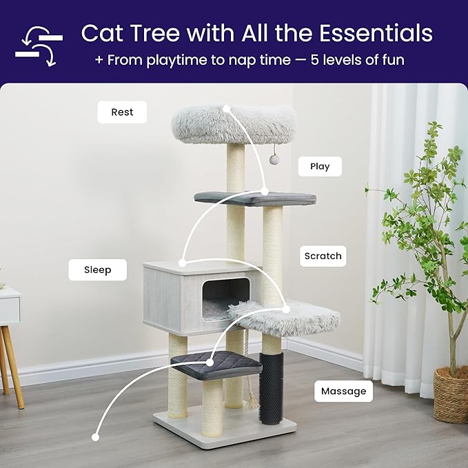 Catry Kasio 6 Level 54" High Modern Cat Tree with Laminated Wood Condo,Replaceable Scratching Posts,Removeable Washable Beds, Self Grooming Brush and Toys.(Light Gray)