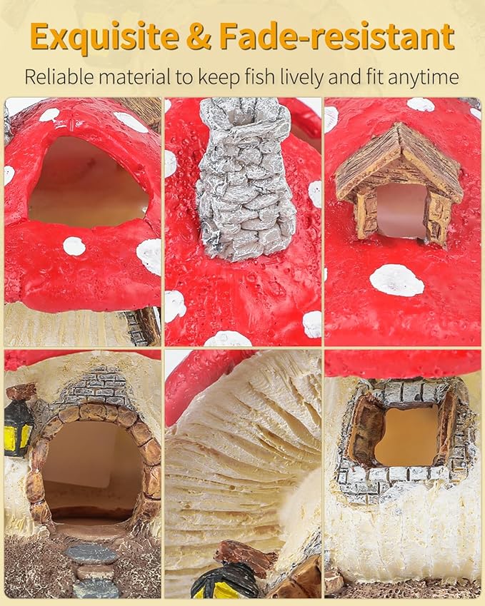 Uniclife Resin Mushroom House Decoration Cottage Ornament for Reptile Hide Cave Hideout Hideaway Spawning Cave Decor for Arboreal Reptiles Shrimp Betta Goldfish, Terrarium & Vivarium Decor