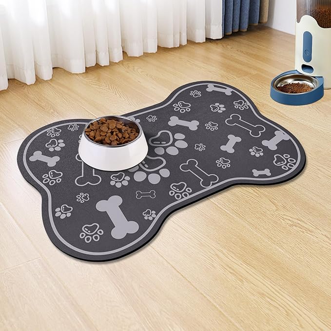 Dog Cat Food Mat,Rapid AbsorbentPet Feeding Mat, Bone Shaped Dog Placemat Water Bowl Mat with Rubber Backing,No Stains Dog Cat Food Mats Indoor, Pet Accessories Supplies 17""×29"" Dark Grey