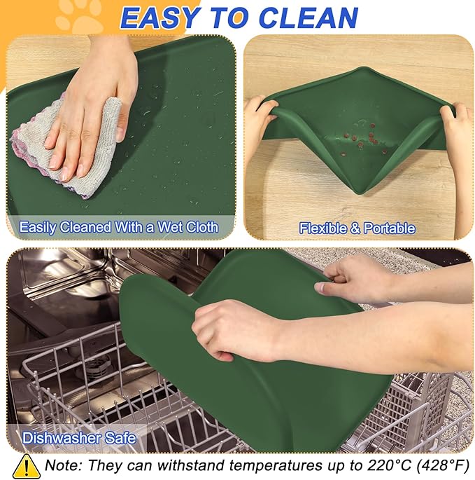 Silicone Pet Feeding Mat with Raised Edge for Food and Water, Dog Bowl Mats, Cat Bowls Placemat with High Lip for Floor Waterproof, Rubber Tray for Cats and Dogs 24 x 16 x0.8 Dark Olive