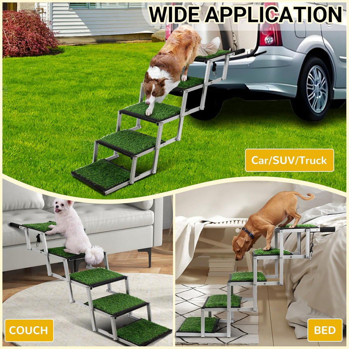 Dog Stairs for Car, Portable Folding Dog Ramps,Dog Steps for Large Dogs with Non-Slip Grass Rug for Cars, SUV, Trucks, Lightweight Pet Ramp Supports Up to 200 lb, 5 Steps