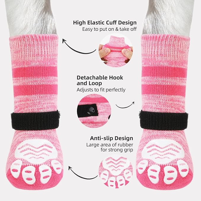 PUPTECK Non-Slip Dog Socks to Prevent Licking Paws, Double Sides Dog Boots & Paw Protectors Booties on Hardwood Floors Hot Pavement with Grippers, for Small Medium Large Senior Dogs, Fuchsia M