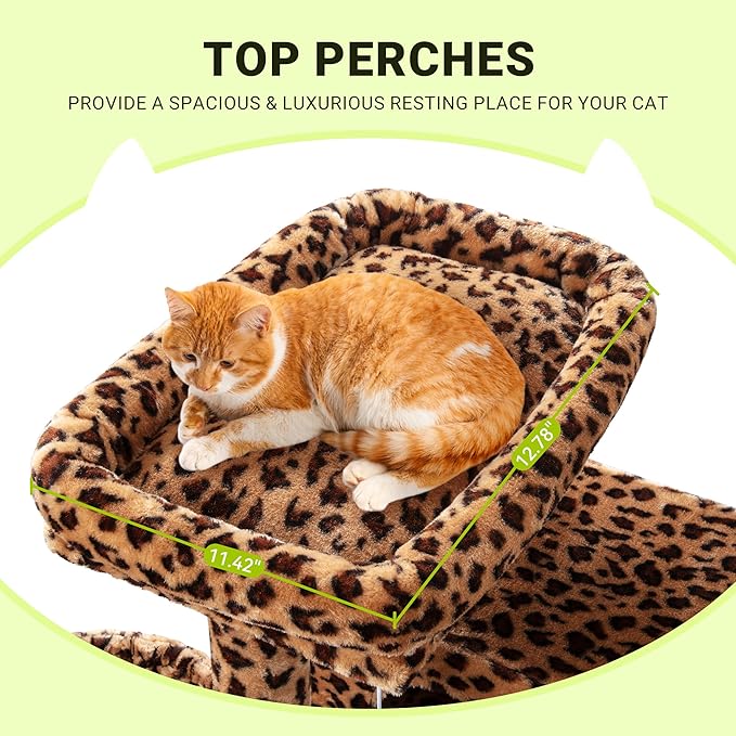 Allewie 64 Inches Cat Tree Tower/Multi-Level Activity Center for Indoor Big Felines/2 Plush Condos/2 Perchs/Basket/House/Sisal Scratching Posts/Hanging Cat Toys/Leopard Print