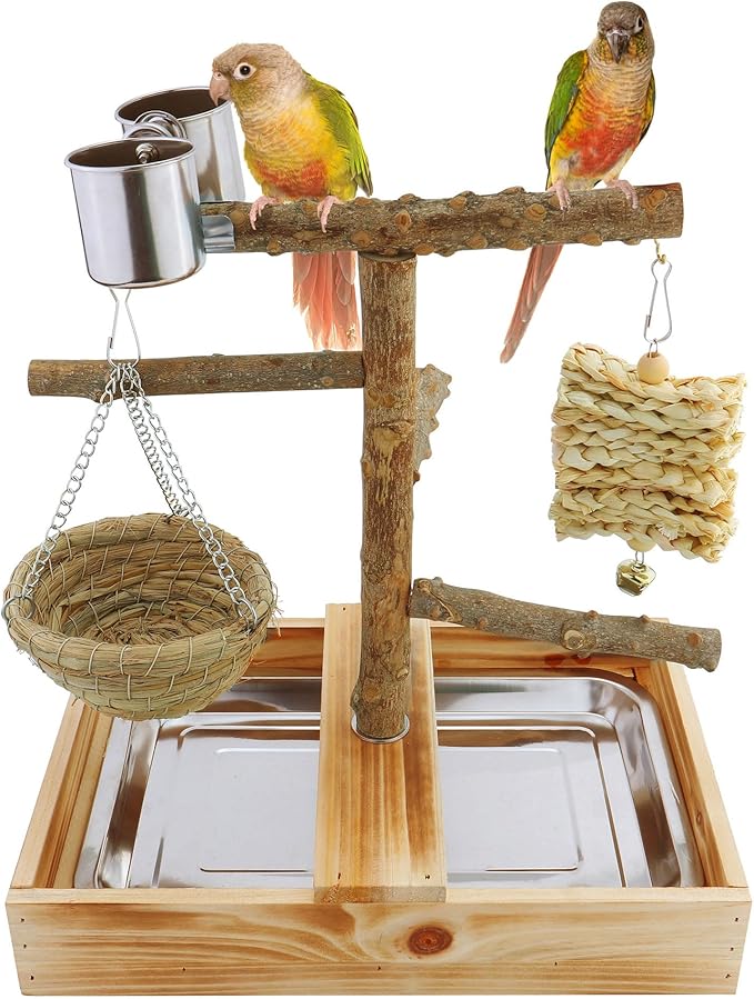 Mogoko Natural Bird Perches Playground, Cage Accessories, Toys Playground for Birds, Bird Perch Stand Parrot Stand, Includes 2 Stainless Steel Cups and Removable Tray