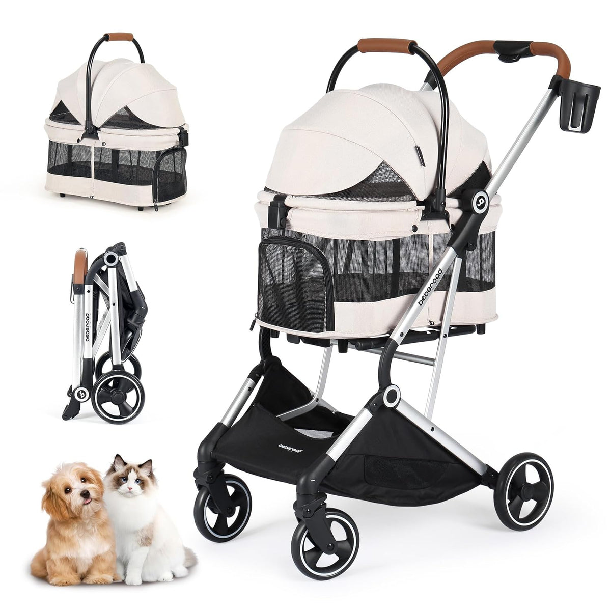 T3 Pro 3-in-1 Small Pet Stroller for Dog & Cats, 4 Wheels with Detachable Carrier with Pad, Canopy and Cup Holder, Beige & Net Wall