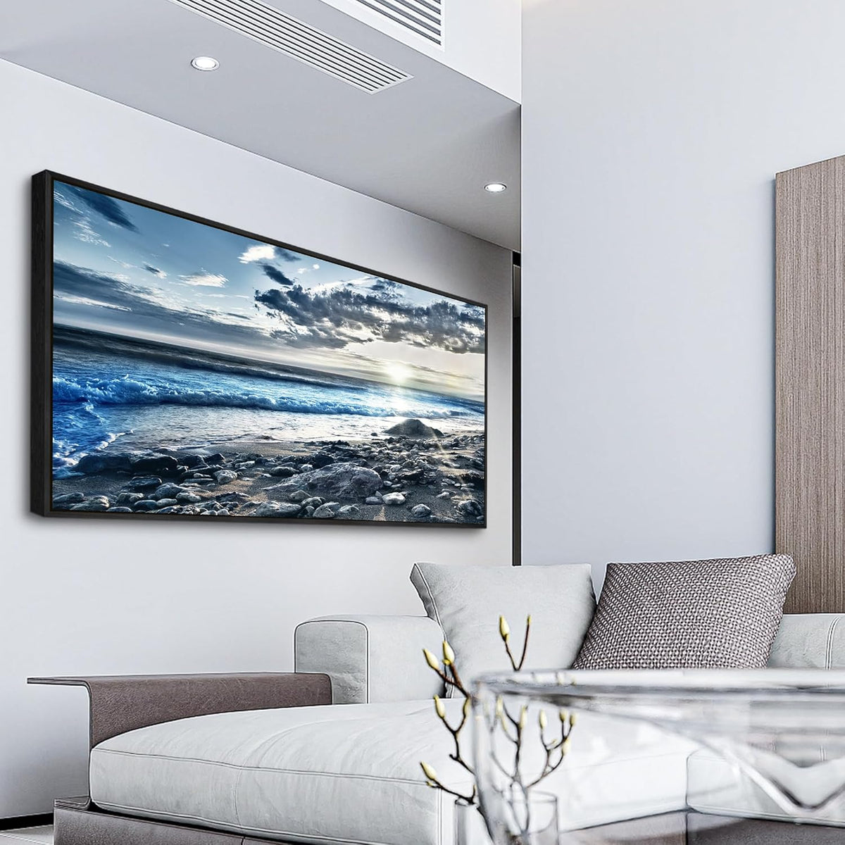 Wapluam Large Canvas Prints Wall Art For Living Room Wall Decorations For Bedroom Office Wall Decor Scenery Wall Painting Blue Sea Pictures Artwork For Fashion Black Framed Beach Posters Home Decor