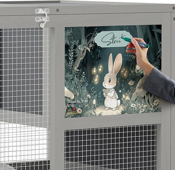 COZIWOW 36.5-Inch Double-Decker Wooden Rabbit Hutch with Wheels, Featuring A Cleaning Tray and Ladder—Stylish and Easy to Assemble（Grey and Pattern）