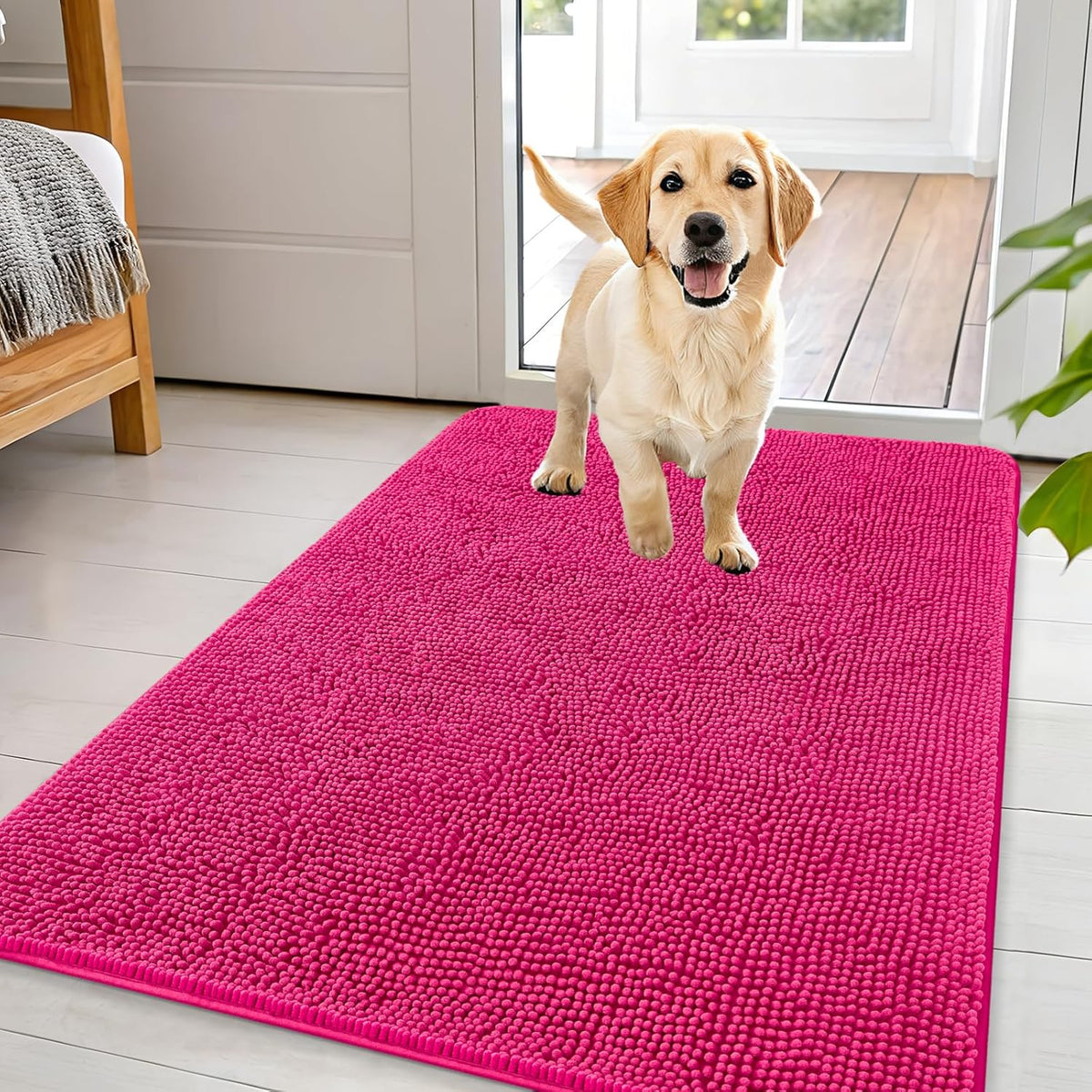 OLANLY Dog Door Mat for Muddy Paws 44x32, Absorbs Moisture and Dirt, Absorbent Non-Slip Washable Doormat, Quick Dry Chenille Mud Mat for Dogs, Entry Indoor Entryway Carpet for Inside Floor, Hot Pink