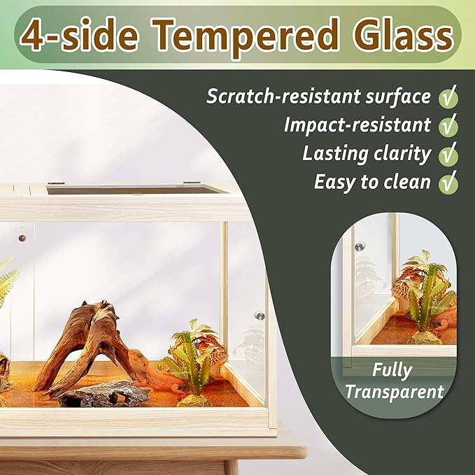 PROLEE Bearded Dragon Tank,81 Gallon Tempered Glass Reptile Tank with Mesh Roof and Front Sliding Door, Anti-Scratch Lizard Tank,Spacious Reptile Enclosure for Snakes,Lguanas, Chameleons(Oak)