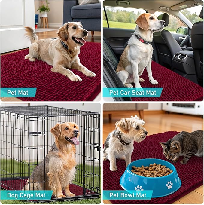 OLANLY Dog Door Mat for Muddy Paws 30x17, Absorbs Moisture and Dirt, Absorbent Non-Slip Washable Doormat, Quick Dry Chenille Mud Mat for Dogs, Entry Indoor Entryway Carpet for Inside Floor, Burgundy