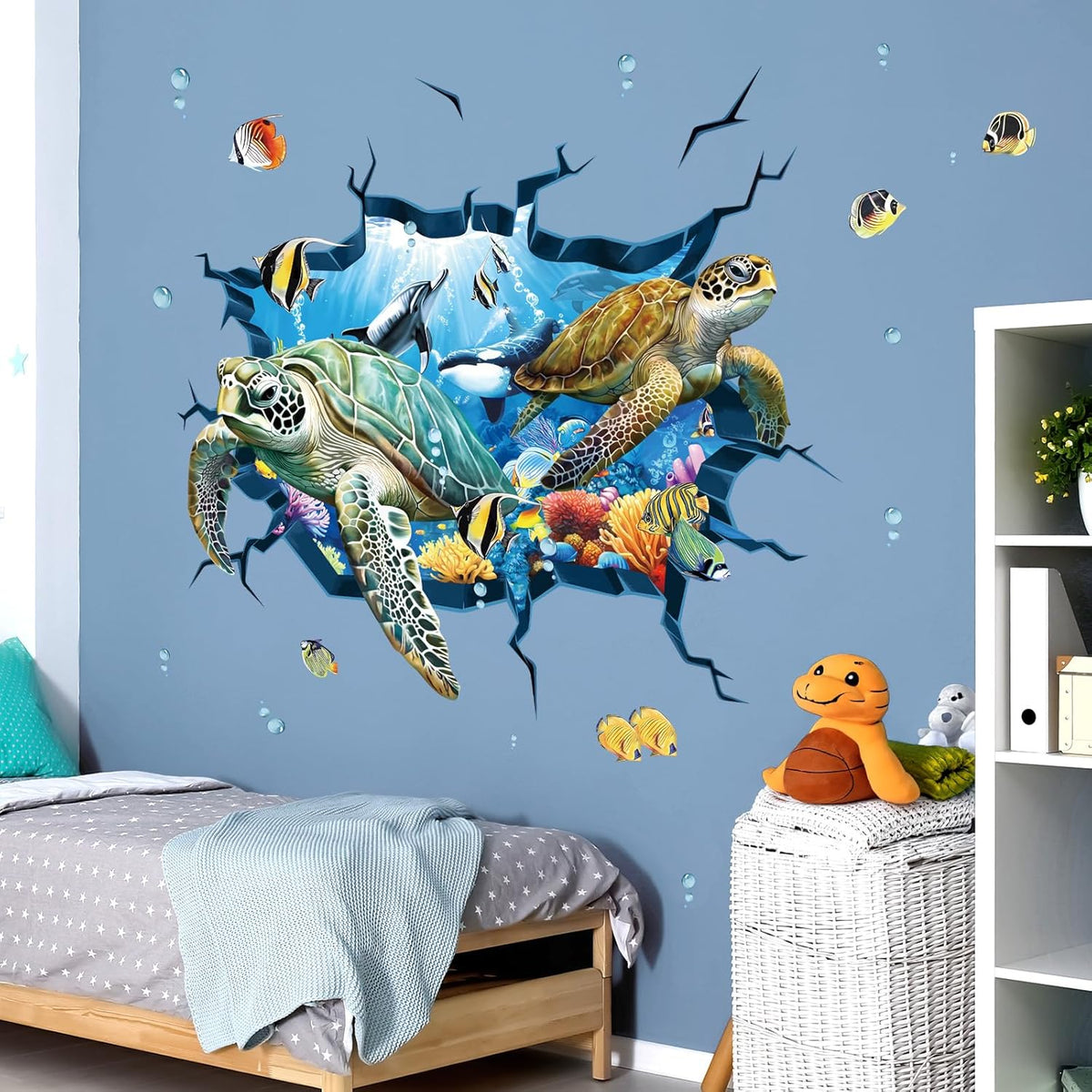 decalmile 3D Under The Sea Turtle Wall Decals Underwater Ocean Fish Broken Wall Stickers Kids Bedroom Living Room Bathroom Wall Decor