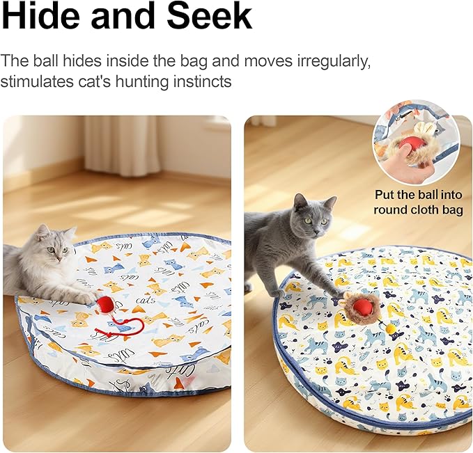 Interactive Cat Toys Ball - 2pcs Automatic Fast Rolling Ball in Play Mat, Hide and Seek Mouse Catching Game, Low-Noise Cat Enrichment Toys in Pouch for Indoor Bored Cats(Paw Print Pattern - Round)