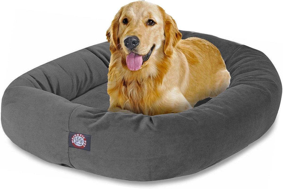 Majestic Pet 40 Inch Suede Calming Dog Bed Washable 40x29x9 (Inch) – Cozy Soft Round Donut Dog Bed with Spine Support for Dogs to Rest Their Head - Pet Bed Large – Gray