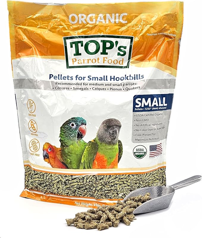 TOP's Parrot Food Bird Pellets for Small Hookbills - Non-GMO, Peanut Soy & Corn Free, USDA Organic Certified (4lbs)