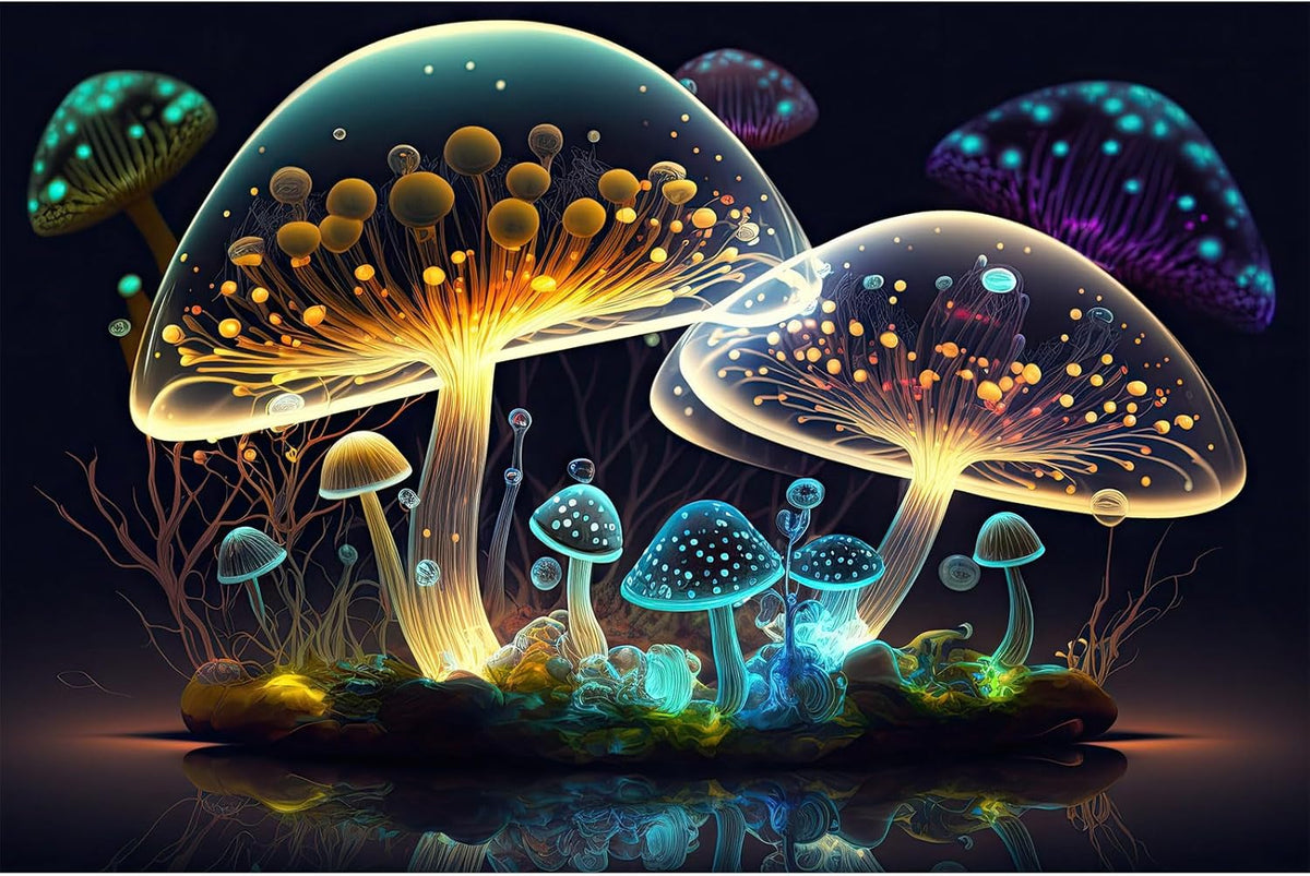 Mushroom Aquarium Background Abstract Glowing Fantasy Mushrooms Terrarium Background Mysterious Forest Magical Night In Circle Shape Crystal Glass Fish Tank Backdrop Decorations Vinyl 36x20in