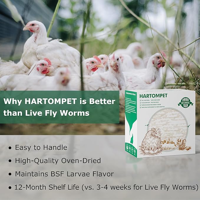 Dried BSF Larvae for Chickens - Non-GMO Poultry Feed Supplement, 85X More Calcium Than Mealworms, 5LB Grub Worms Perfect for Molting & Laying Hens, Ducks, and Wild Birds