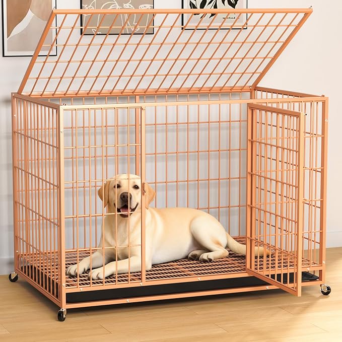 48 Inch Large Dog Crate, Escape Proof Dog Cage with Dual Door Lock and Swivel Casters,Removable Tray for Easy Cleaning, Dog Kennel Indoor Outdoor Use