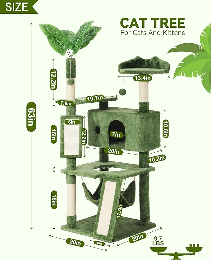Hoopet 63IN Cat Tree Tower for Indoor Cats Large Adult, Cat Scratching Posts Featuring with Scratching Boards, Wide Plush Perch and Interactive Dangling Balls Ideal for Multi-Cat Households