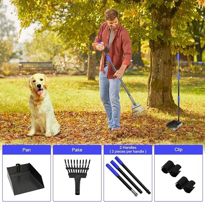 Pooper Scooper, Dog Pooper Scooper Tray and Rake Set with Adjustable Stainless Steel Long Handle for Large Medium Small Dogs (Blue)