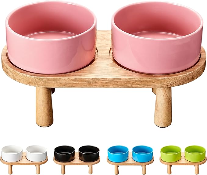Ceramic Elevated Dog Bowls, Pet Food and Water Bowl Set for Medium and Small Dogs, 3.5 Cups Dog Bowls Raised with Wood Stand, 29OZ, Pink