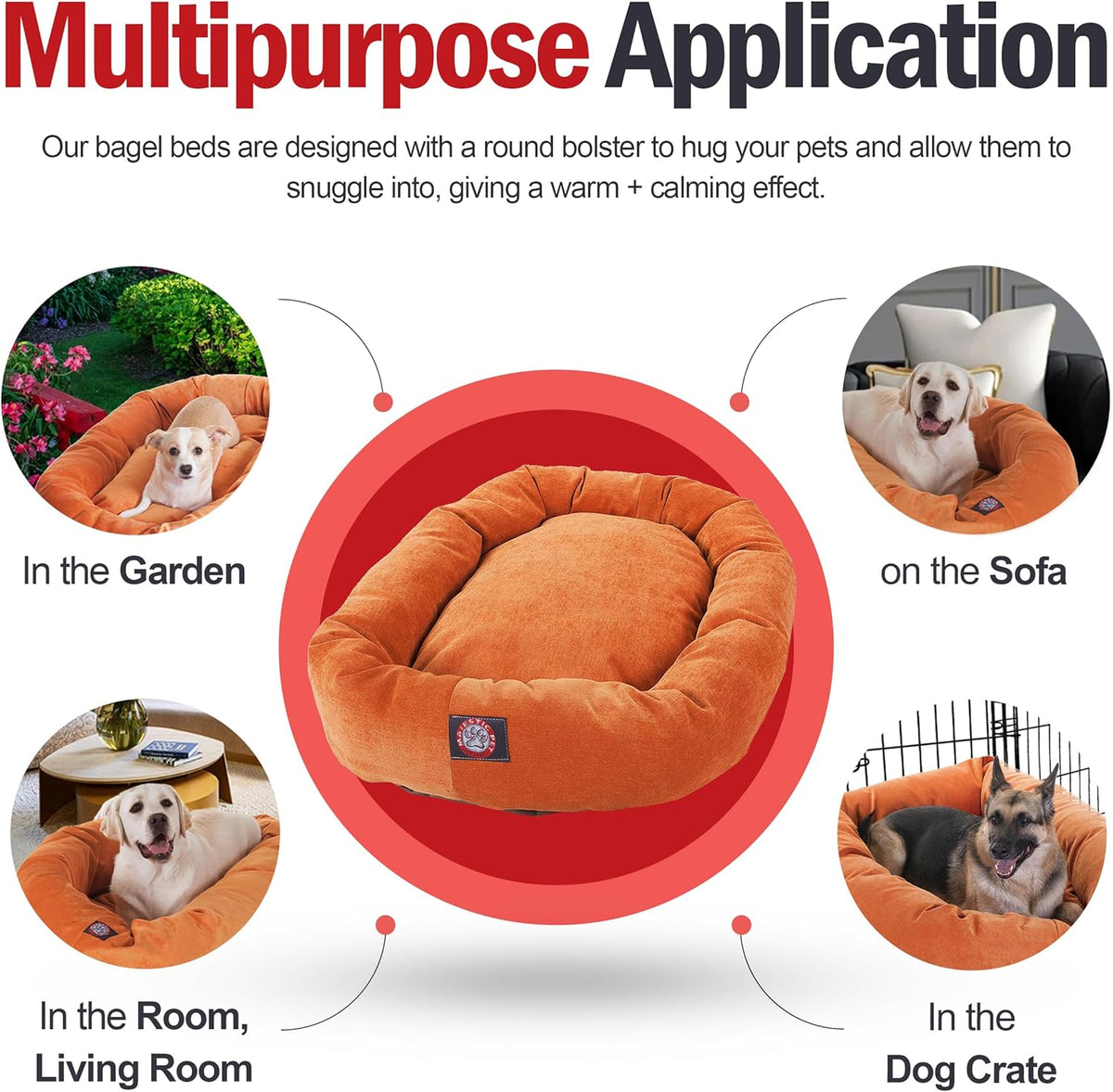 Majestic Pet 52 Inch Micro Velvet Calming Dog Bed Washable 52x35x11 (inch) – Cozy Soft Round Donut Dog Bed with Spine for Head Support -Pet Bed X- Large – Orange (2025)