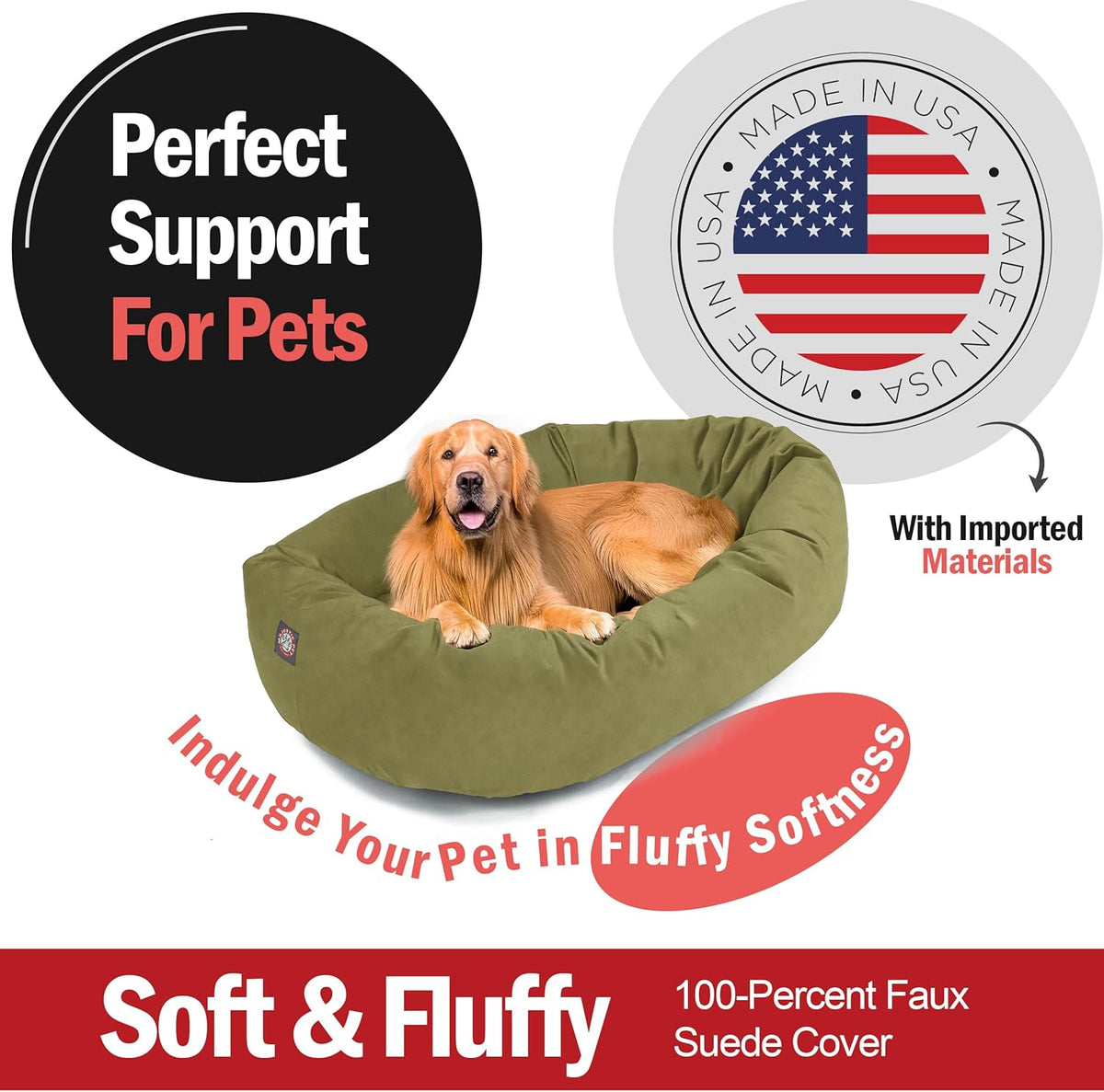 Majestic Pet 40 Inch Suede Shredded Memory Foam Mix Calming Large Dog Bed Washable 40 x 29 x 9 (Inch) - Cozy Soft Round Donut Dog Bed with Spine for Head Support - Pet Bed Sage