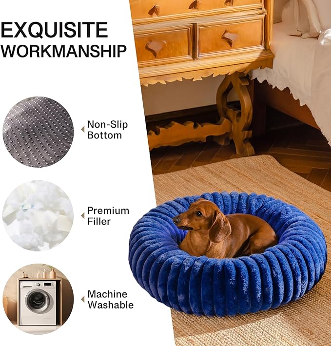 MEWOOFUN Donut Dog Beds for Small Dog, Calming Bed Round Cute Puppy Bed with Non-Slip Bottom, Fluffy Washable Pet Bed for Puppy and Kitten (Navy Blue, XS (20x20x6))