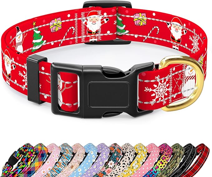 Reflective Dog Collar, Cute Christmas Style Dog Collars for Medium Dogs, Soft Nylon Puppy Collar for Boy and Girl Female Dog, Adjustable Heavy-Duty Pet Collar with Quick Release Buckle, Red