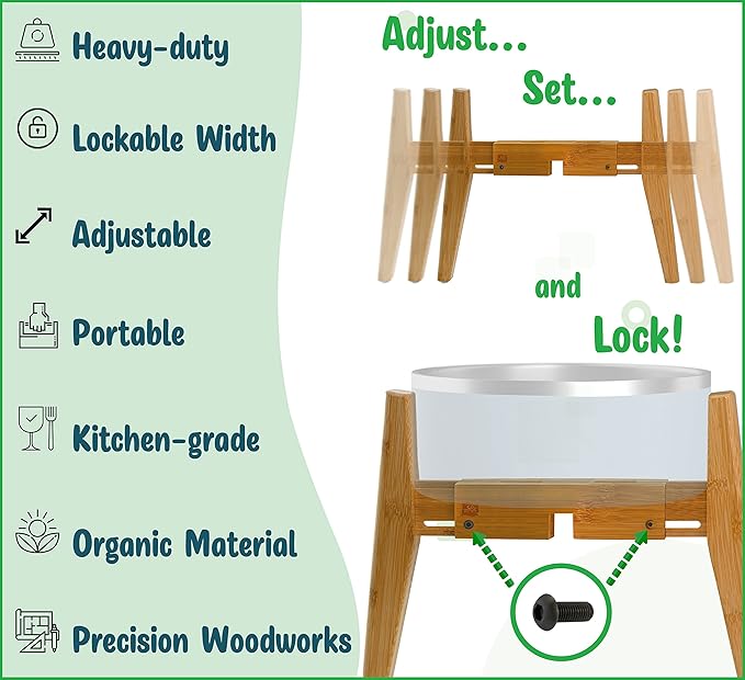 Dog Bowl Stand (12-inch High) - Ideal for Large Breeds - Adjustable Sideways, Slanted Feet - Elevates, Raises Pet Food Feeders, Water Dishes, Fountains, Dispensers - Bamboo Stand Only