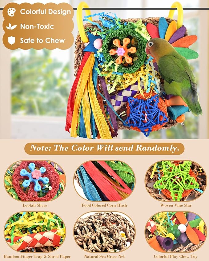 ERKOON Bird Cockatiel Toys Foraging Toys Hanging Parrot Toys for Lovebrid Parakeets Conures Bird Foraging Wall with Colorful Toys for Birds Shredding Seagrass, Birds Cage Toy Accessories