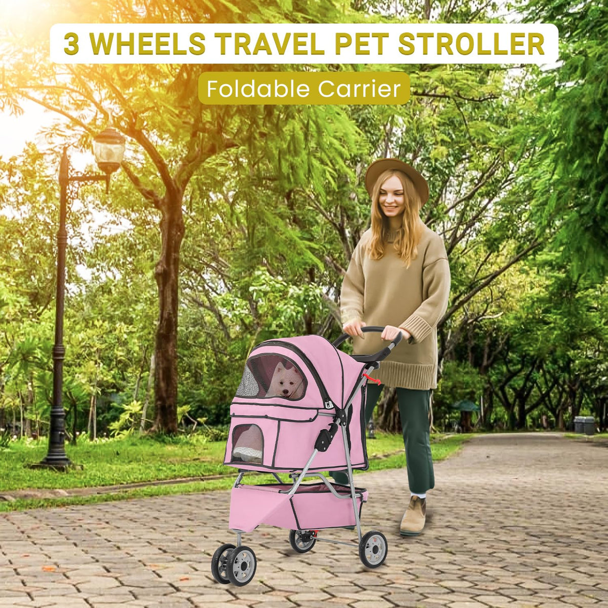 3-Wheels Pet Strolling Cart for Small Medium Dogs and Cats with Storage Basket,Holder, Foldable Pet Stroller with Waterproof Cover, Breathable Mesh for All-Season, Pink