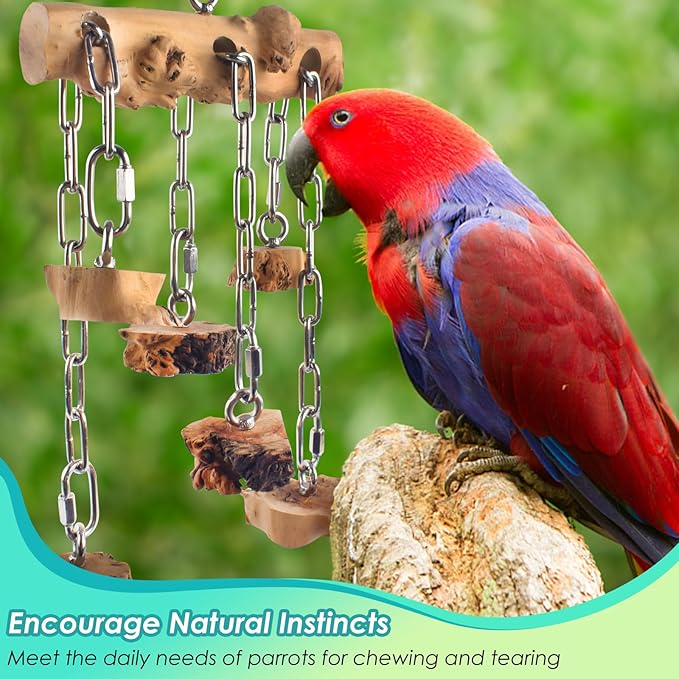 Bird Toys for Parrots, Durable Wooden Large Parrot Toy with Stainless Steel, Hanging Natural Chew Hardwood Blocks for Macaws, African Greys, Amazon Parrots, Cockatoos and Small Medium Parakeets