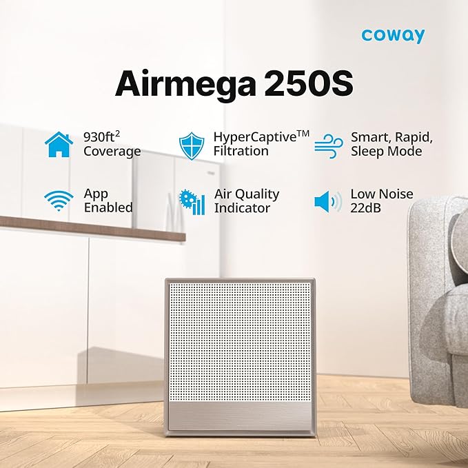 COWAY Air Purifiers for Home Large Room Up to 1,860 ft², Washable Pre-Filter and HEPA Filter for Smoke, Allergies, Pet Dander, Odor, AQI, App Control, Smart, 3yr Warranty, Airmega 250S Wifi