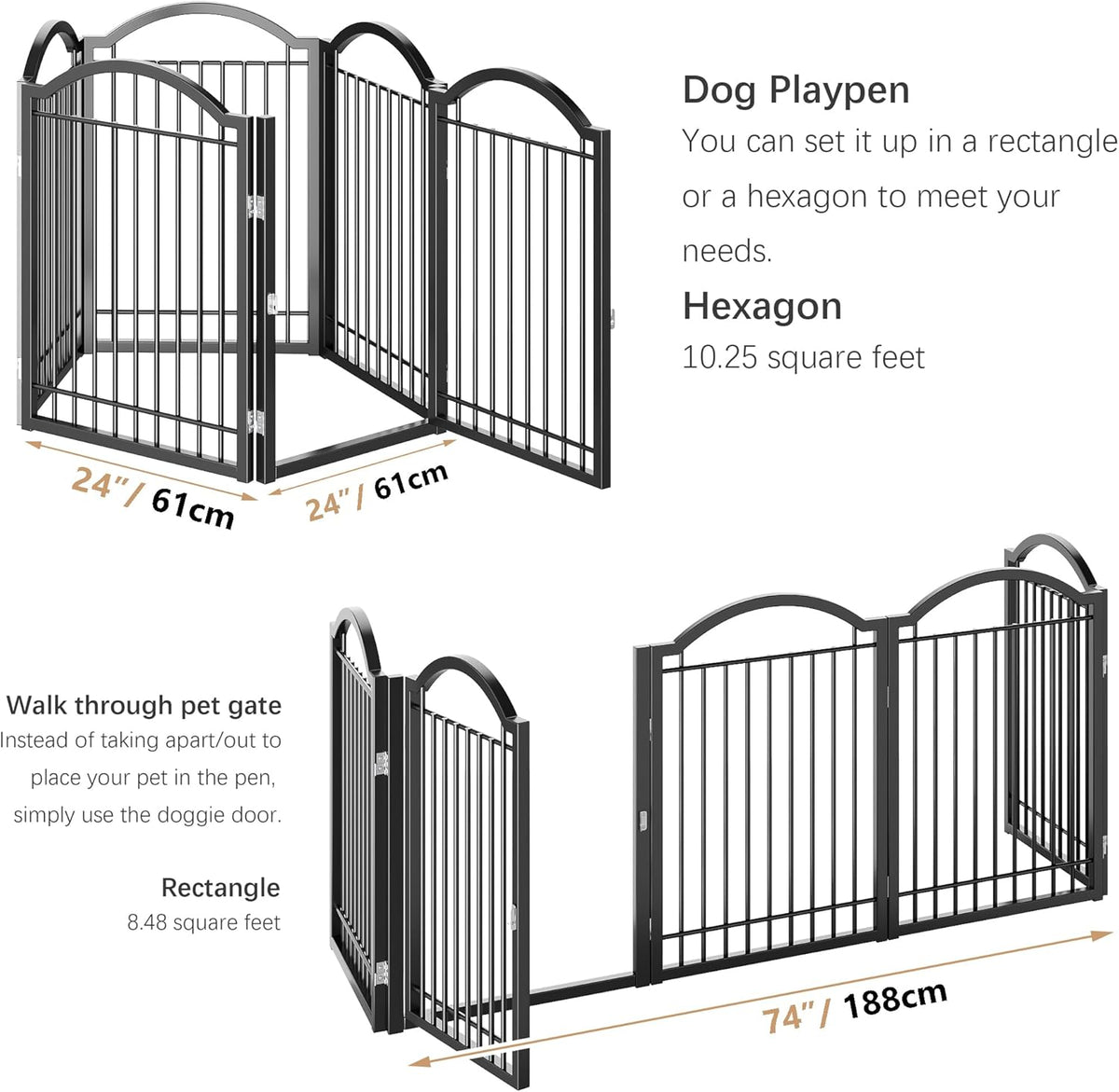 BHG Metal No-Assembly Freestanding Dog Gate with Door Walk Through, Extra Wide 120", Extra Tall 32" Pet Gate, Accordion Puppy Folding Playpen Dog Fence, with 2PCS Support (Black, 5 Panels)