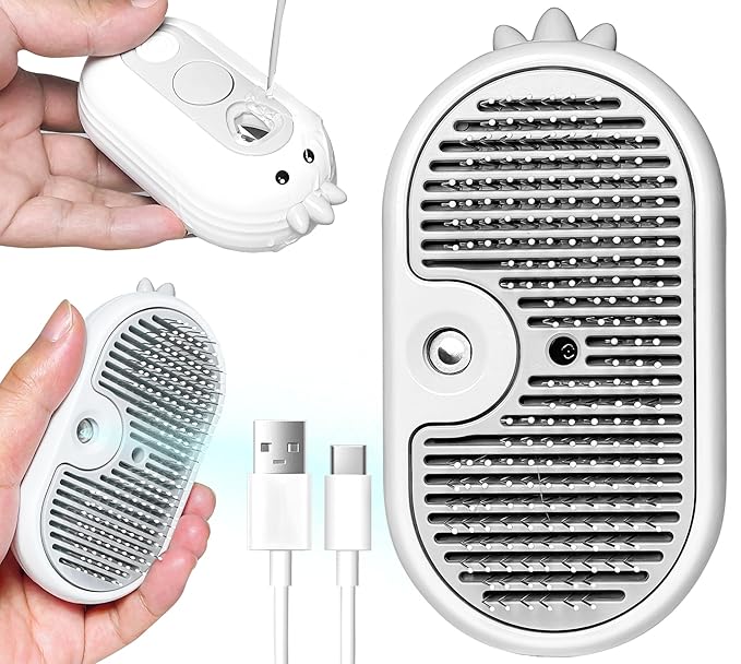 3-in-1 Rechargeable Steam Brush for Cats & Dogs - Anti-Static Spray Pet Grooming Brush with Warm Mist Massage, Hair Shedding Control, Detangling Comb & Cleaning Tool for Effective Deshedding