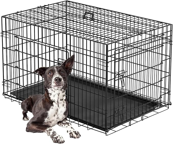 FDW Large Dog Crate 42inch Dog Cage Foldable Metal Kennel with Leakproof Tray Foldable Design Indoor Outdoor Use for Large Dogs,Black
