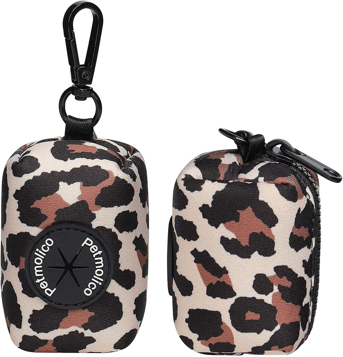 Petmolico Dog Poop Bag Holder Leash Attachment, Waste Bag Dispenser Zippered Pouch, Fits Any Leash, Includes Free Roll of Bags, 2 Pack - Leopard