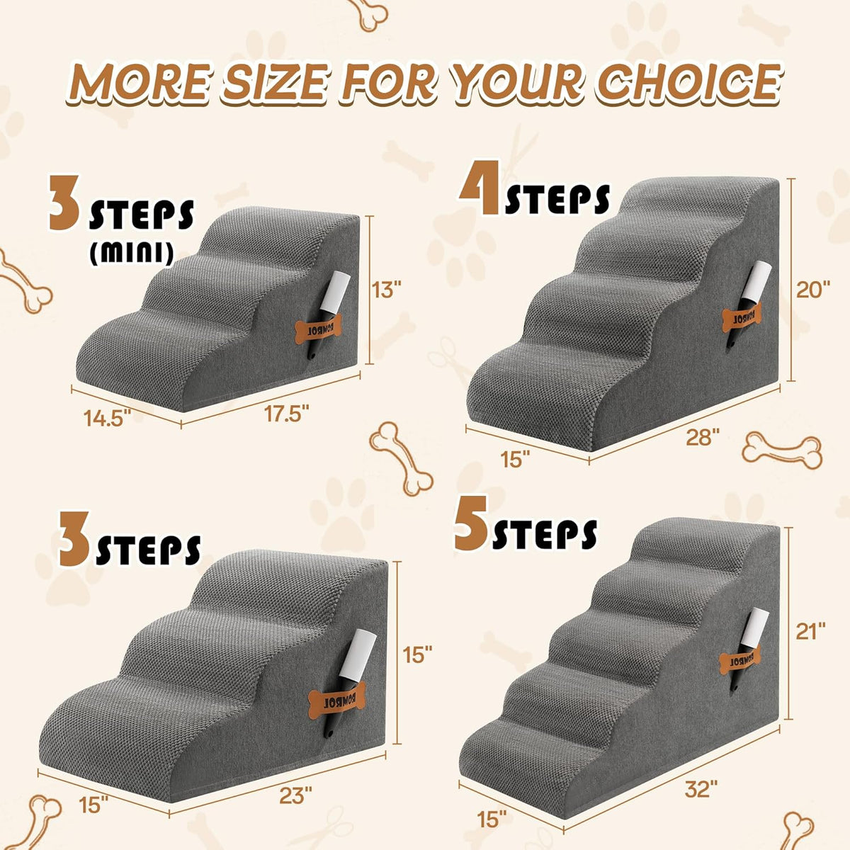 Romrol Dog Stairs Ramp for Beds Couches, Extra Wide Pet Steps with Durable Non-Slip Waterproof Fabric Cover, Dog Slope Stairs for Small Dogs and Cats or Pets Friendly, 3-Tiers, 13 Inch,Grey