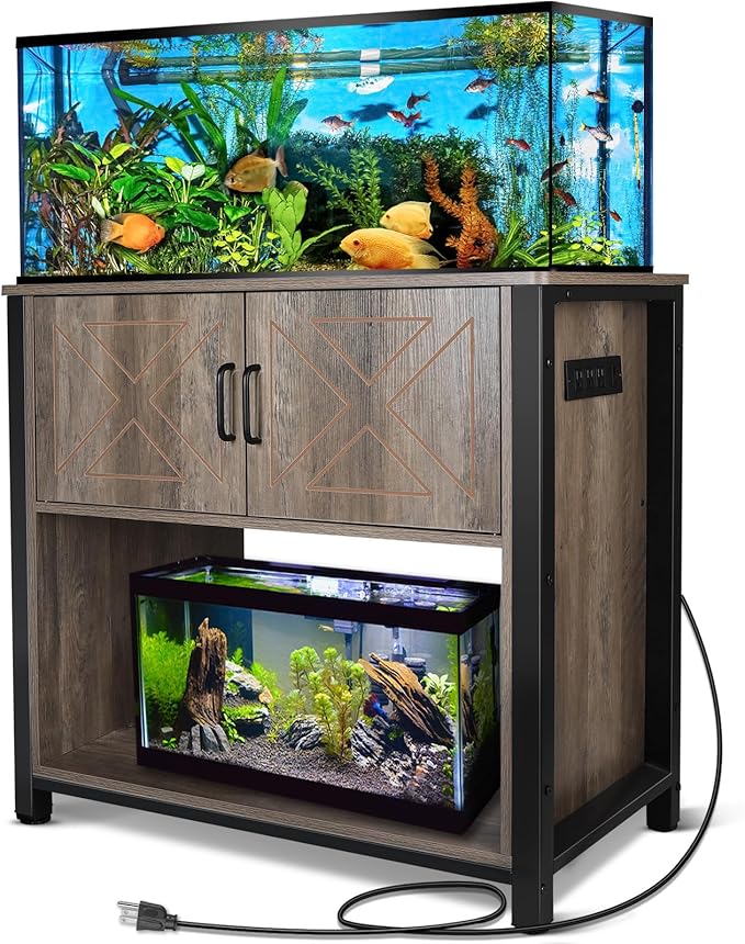 40 Gallon Aquarium Stand with Cabinet & Power Outlets, Heavy Duty Metal Stand for 40-50 Gallon Breeder & Turtle Tanks, Double Terrarium Stand, 660LBS Capacity, Grey