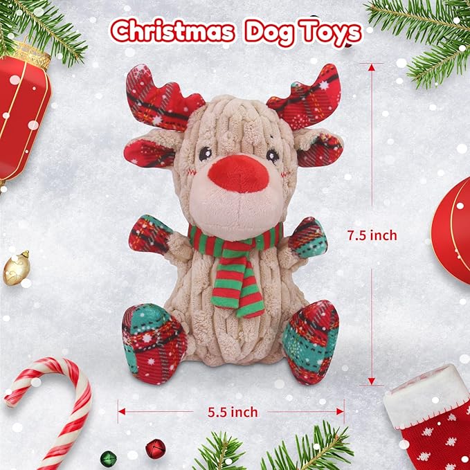Christmas Dog Toys, Funny Squeaky Reindeer Toy with Crinkle Paper Attract Pets, Interactive Plush Chew Toys, Adorable Christmas Elk Dog Gifts for Small Medium Large Dogs