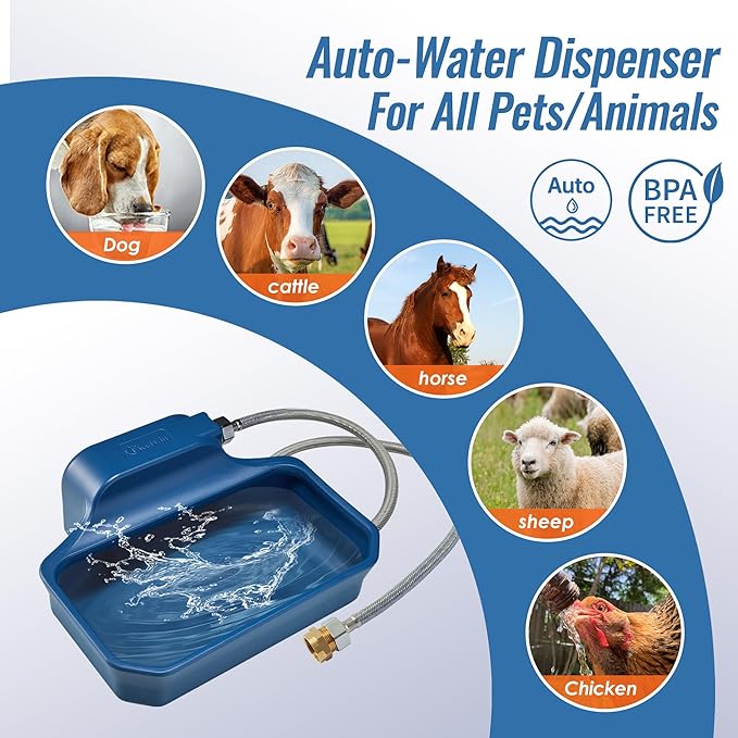 Automatic Water Dispenser for Dogs/Cats, 1 Gallon Auto-Fill Dog Water Bowl Dispenser for Indoor/Outdoor, Large Water Feeder for Pets/Livestock, BPA-Free, Wide Mouth, Fits GHT 3/4" Faucet, Blue
