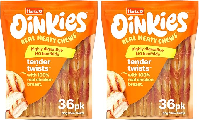 Hartz Oinkies Tender Twists with Real Chicken Breast Rawhide-Free Dog Treats, Highly Digestible Dog Chews, 72 Count