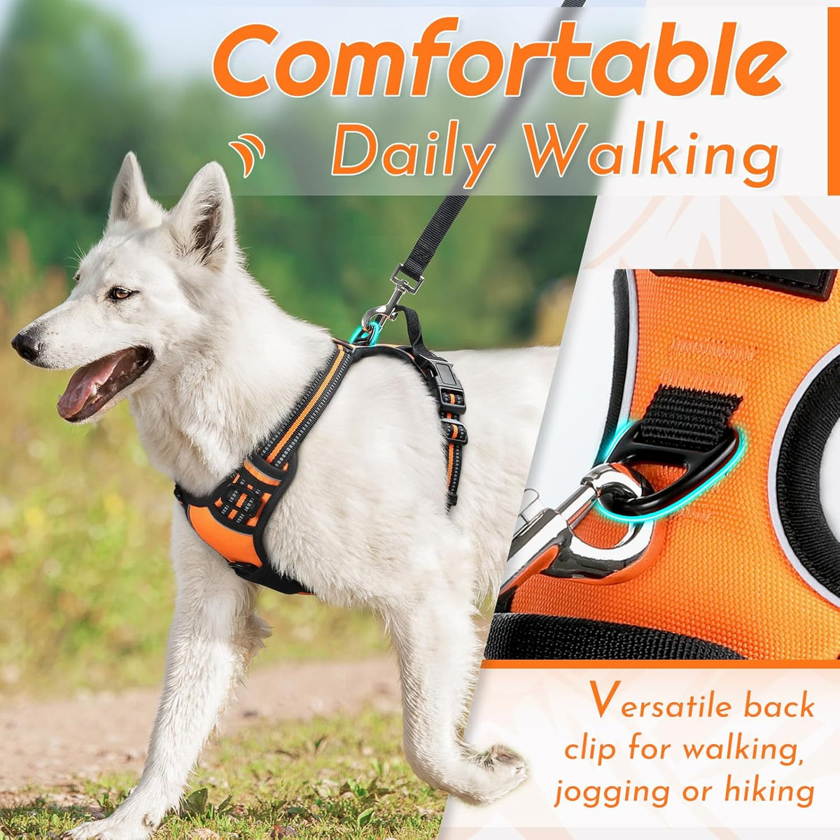 Eagloo Dog Harness for Large Dogs, No Pull Service Vest with Reflective Strips and Control Handle, Adjustable and Comfortable for Walking, No Choke Pet Harness with 2 Metal Rings, Orange, L